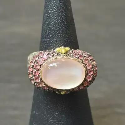 .925 Sterling Silver W/ 18K Gold  Accent Rose Quartz & Pink CZ Ring, Size 6