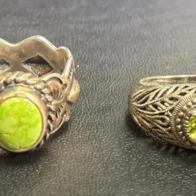 .925 Sterling Silver Gaspeite Ring, Size 6 (1) + .925 Peridot Filigree Ring, Size 6 (1)