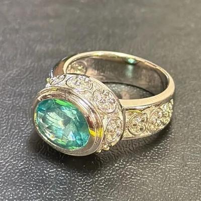 .925 Sterling Silver Blue Zirconium Etched Ring, Size 5 3/4