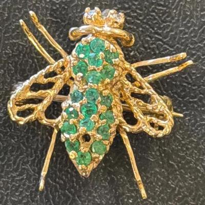 14K Gold Diamond & Emerald Bumblebee Pin/Pendant (Missing 2 Stones)