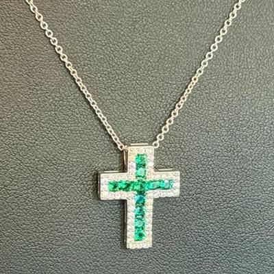 .925 Sterling Silver Green & White CZ Cross 16-18" Adjustable Link Necklace