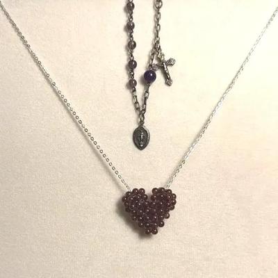.925 Sterling Silver Garnet Bead Heart Adj. 18” Necklace (1) + .925 Amethyst Cross 7” Bracelet (1)