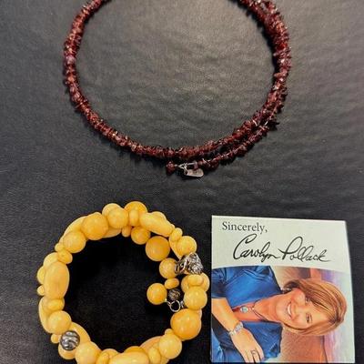 .925 Sterling Silver Yellow Quartzite & Silver Bead Coil Bracelet (1) & Silver Clasp Red Choker (1)