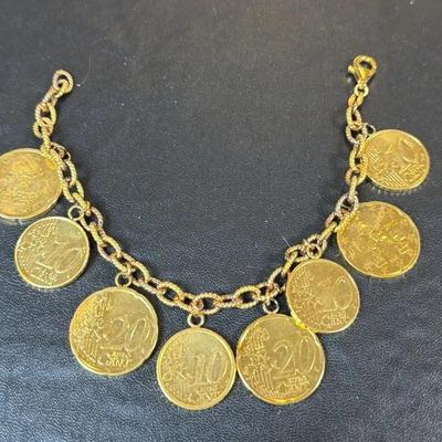 .925 Sterling Silver Vermeil Italian & Spanish Coin 8” Charm Bracelet