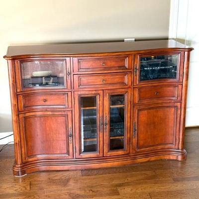 Cherry Finish Media Credenza with Beveled Glass Panels 