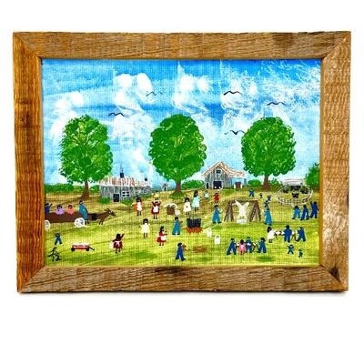 Small Folk Art Original Painting in Cypress Wood Frame by Lattie 