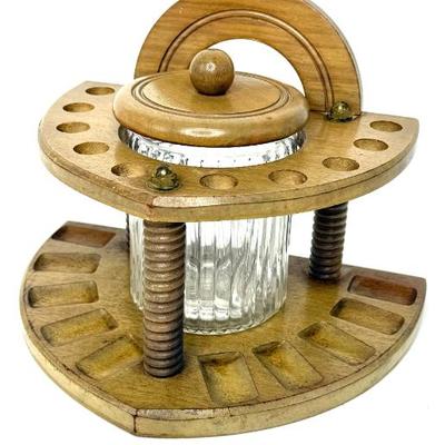 Vintage Dun-Rite Wood Products Pipe Stand with Fluted Glass Humidor Jar 