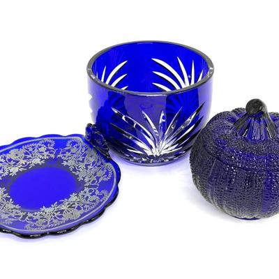 Cobalt Lot - Viking Tray, Bohemian Cut to Clear Crystal Bowl, Lidded Pumpkin Jar 