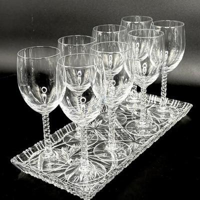 Set of 8 Crystal Twist Stem Wine Glasses with Crystal Tray