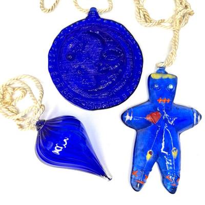 Cobalt Glass Ornament Lot - VooDoo Doll, Moon, Swirl Glass 