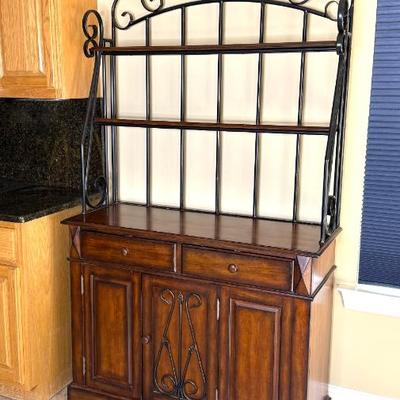 Wrought Iron Bakers Rack with Cherry Finish Cabinet 