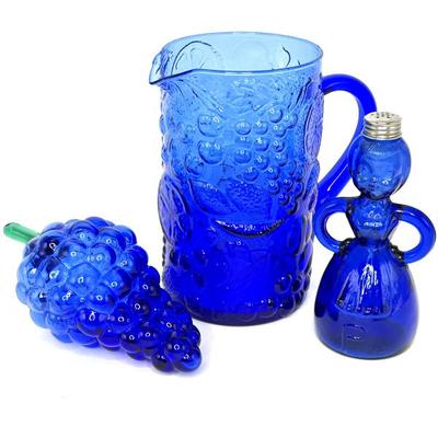 Lot of Blue Cobalt Items - Pitcher, Pepper Shaker, Glass Grapes 