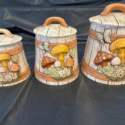 1970 Ceramic Canister Set With Mushroom And Butterfly Motif