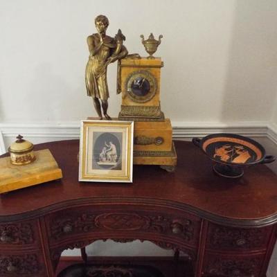 Sale Photo Thumbnail #44: VINTAGE MOHAGANY KIDNEY SHAPED DESK  W/ FRENCH CLOCK AND ONYX INKWELL