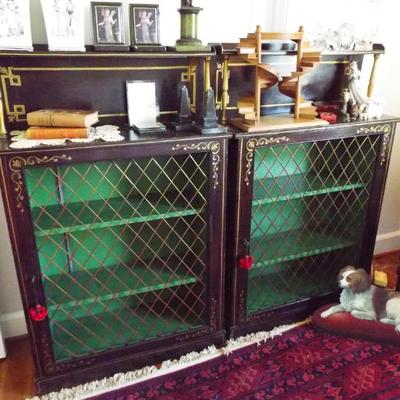 Sale Photo Thumbnail #142: DECORATIVE BLACK WITH GOLD TRIM WIRED FRONT CABINETS