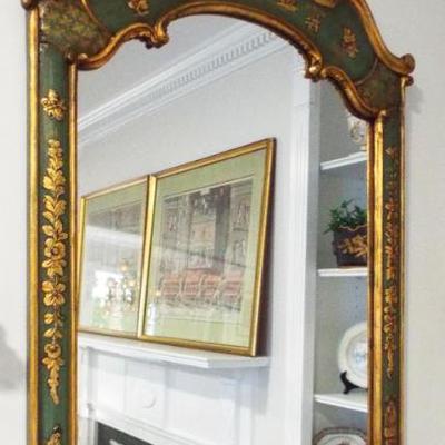 Sale Photo Thumbnail #39: VINTAGE CHINOISERIE GREEN WITH GOLD LARGE DECORATIVE MIRROR