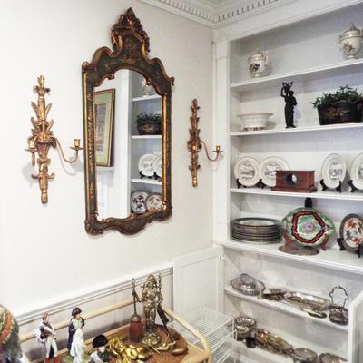 Sale Photo Thumbnail #32: VINTAGE CHINOISERIE GREEN WITH GOLD MIRROR AND SCONCES