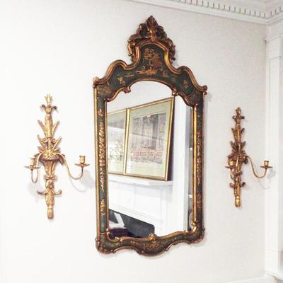 Sale Photo Thumbnail #33: VINTAGE CHINOISERIE GREEN WITH GOLD LARGE DECORATIVE MIRROR AND SCONCES