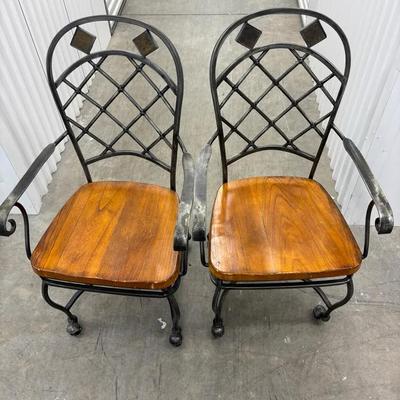Pair of Metal Armchairs with Wooden Seats