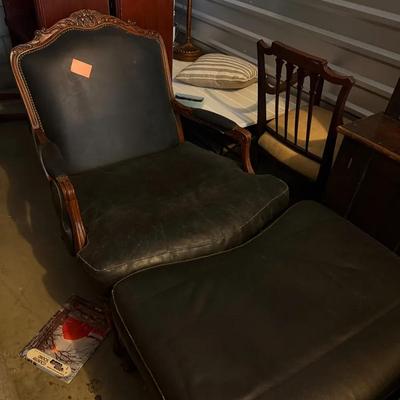 Vintage Carved Wood Armchair with Black Leather & Matching Ottoman