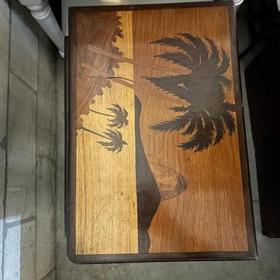Set of Three Nesting Tables with Inlaid Palm Tree Scene Tops