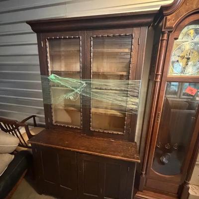 Antique Dark-Stained Oak Hutch Cabinet with Glass Doors