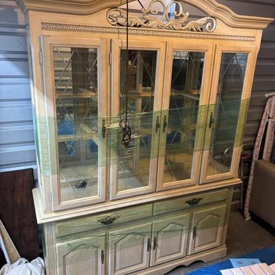 Large Painted Wood China Cabinet with Glass Doors and Decorative Crown 