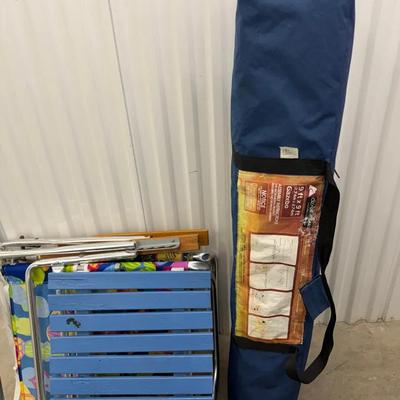 Beach Day Bundle – 9x9 Gazebo Tent, Blue Folding Table & 2 Flip-Flop Beach Chairs