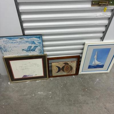Group of Framed Coastal and Music Themed Wall Art