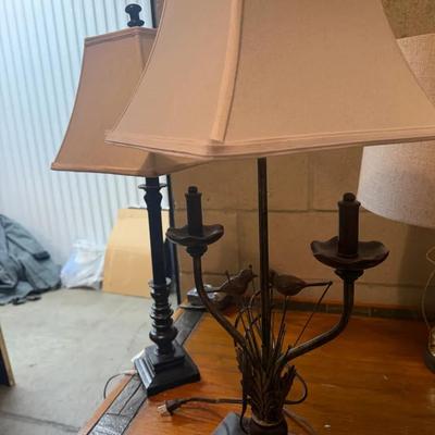 Pair of Decorative Table Lamps – Bird & Branch Lamp + Black Pedestal Lamp