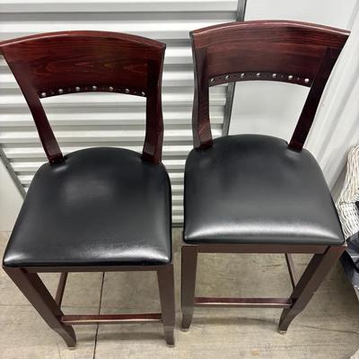 Pair of Wooden Bar Stools with Black Upholstered Seats