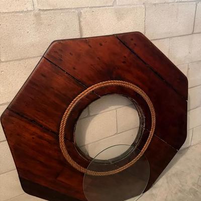 Nautical Hexagon Wood Tabletop w/ Rope Center & Round Glass Insert 