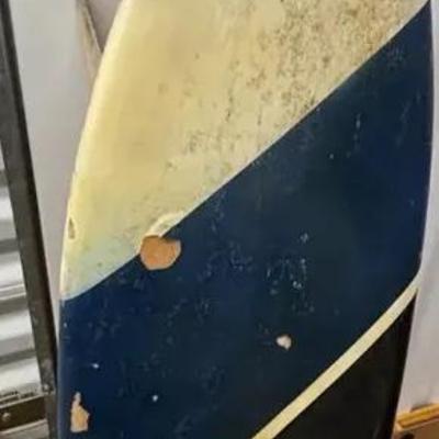 Vintage Surfboard Style Decorative Board with Blue and Yellow Design