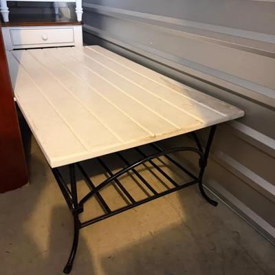 White Slat-Top Metal Base Table