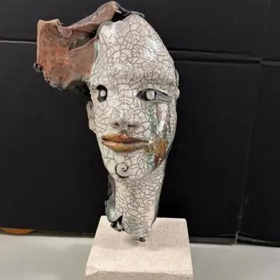 Artist-Made Raku Ceramic Head Sculpture w/Crackled Glaze