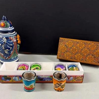 Travel Souvenirs Mexican Jar, Polish Box & Aruba Shot Glasses