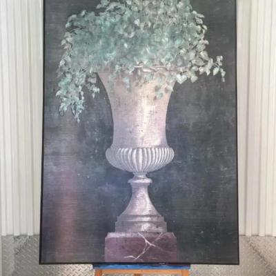 Signed Large Framed Urn/Floral Print On Varnished, Stretched Canvas