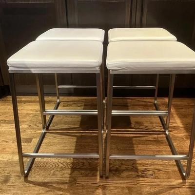 4 Room & Board White Leather & Chrome Counter Stools