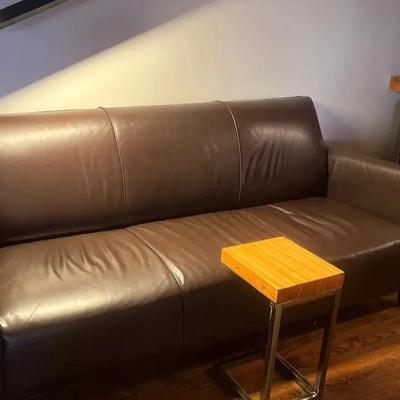 Brown Leather Sofa, Wood/Metal C-table & Floor Lamp