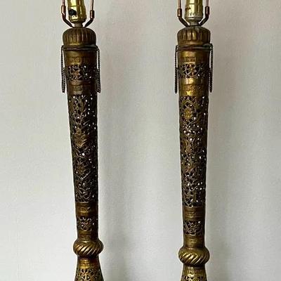 Tall Vintage Iranian Brass Lamps With Amber Glass Finials
