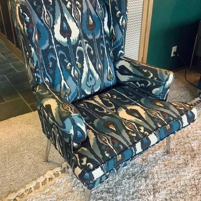 Custom Upholstered Wingback Chair in Robert Allen “IKAT Bands" Indigo Fabric