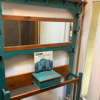 Wooden Hall Tree with Mirror and Hooks