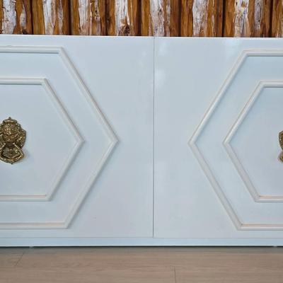 CB2–Style White Lacquer Credenza with Geometric Front Panels and Lion Brass Hardware