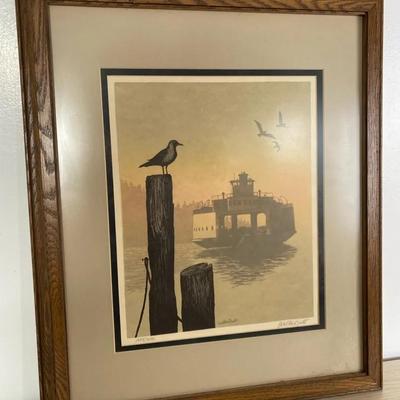 c. 1970s–1980s Walton Butts “Arrival” Framed Art Print – Ferry & Seagull Scene Print 
