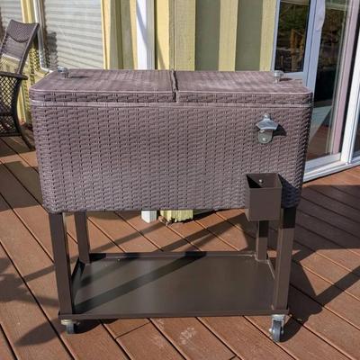 Rattan Square Legs Cooler w/ Shelf Portable Patio Cooler Cart