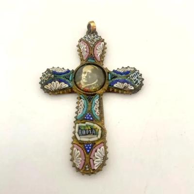 Vintage Micro Mosaic Brass Cross Pendant With A Picture Of A Pope