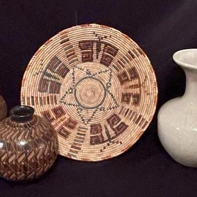 Hand-woven Coiled Basket, 2 Handcrafted Artist Signed Pottery Vases