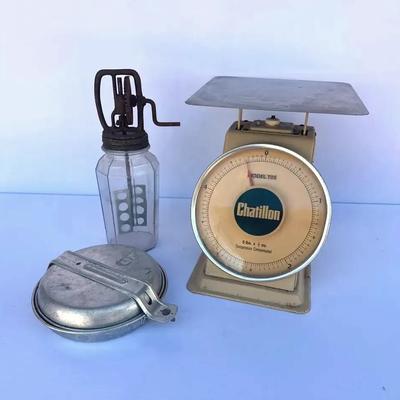 Vintage Carillon Scale, Boy Scout Mess Kit, And Antique Glass Butter Churn