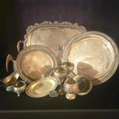 Silver Plated Platters, Cups, Pitcher, Gravy Boat