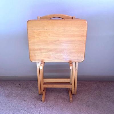 Two Wooden TV Trays And Wooden Tray Rack